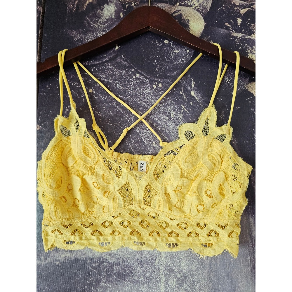 Zenana Yellow Lace Bralette Adjustable Straps Smocked Back Floral Large - Picture 2 of 5